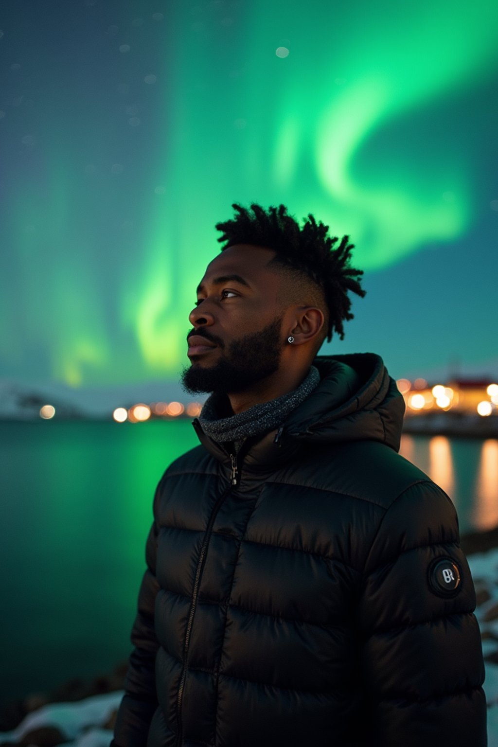 man as digital nomad in Reykjavik with the Northern Lights in the background