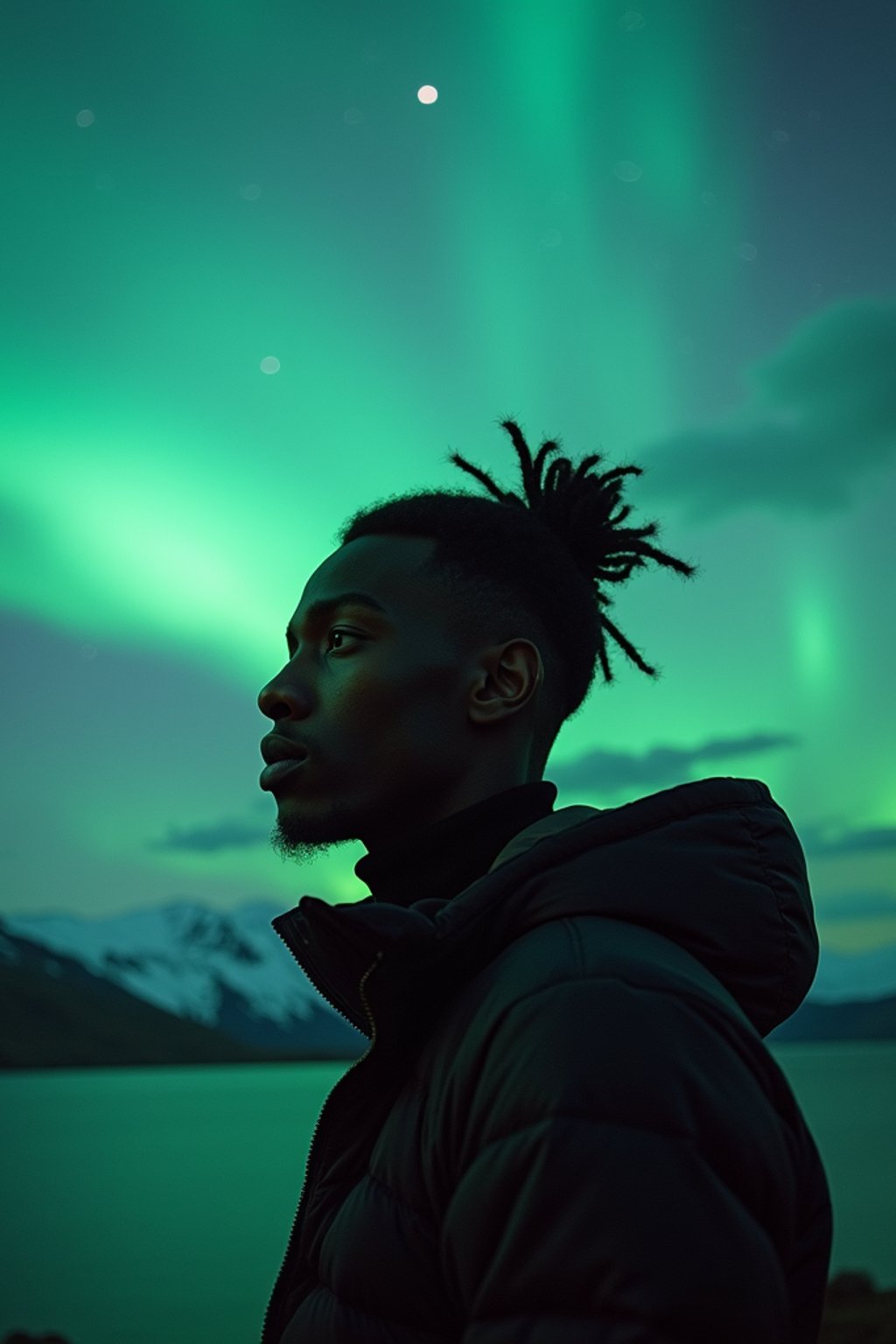 man as digital nomad in Reykjavik with the Northern Lights in the background