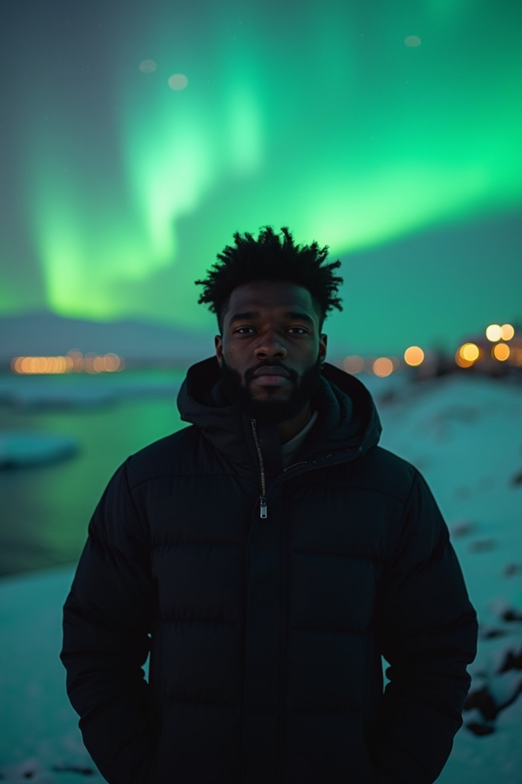 man as digital nomad in Reykjavik with the Northern Lights in the background