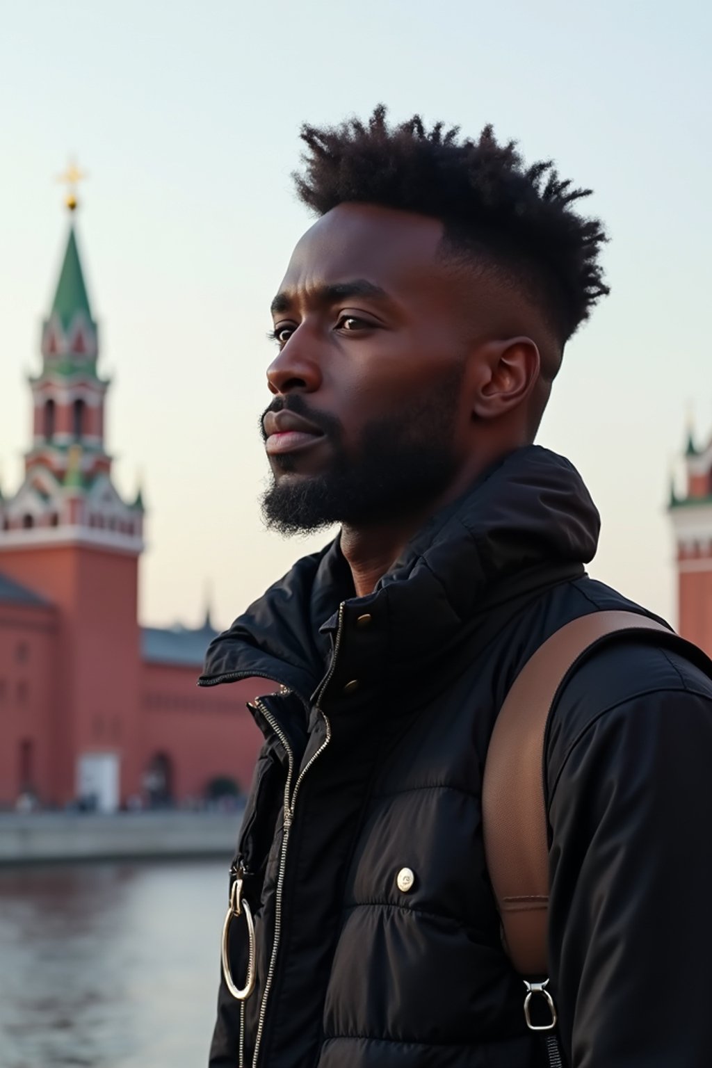 man as digital nomad in Moscow with the Kremlin in the background