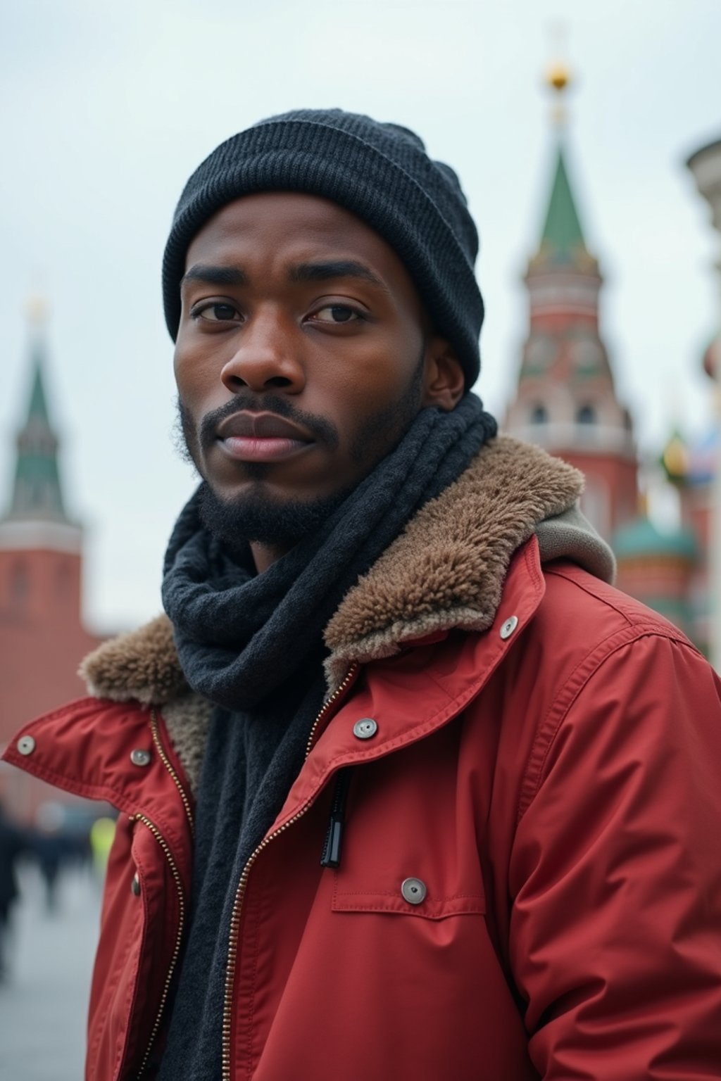 man as digital nomad in Moscow with the Kremlin in the background