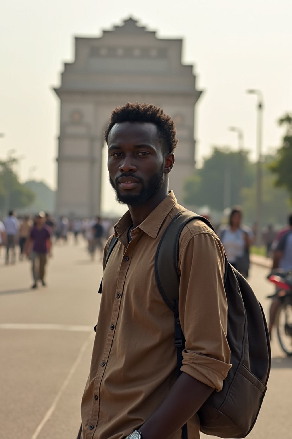 man as digital nomad in Delhi with the India Gate in the background