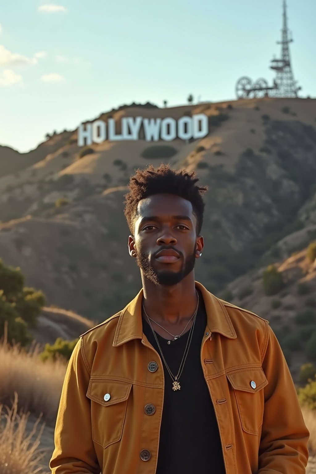 man as digital nomad in Los Angeles with the Hollywood sign in the background