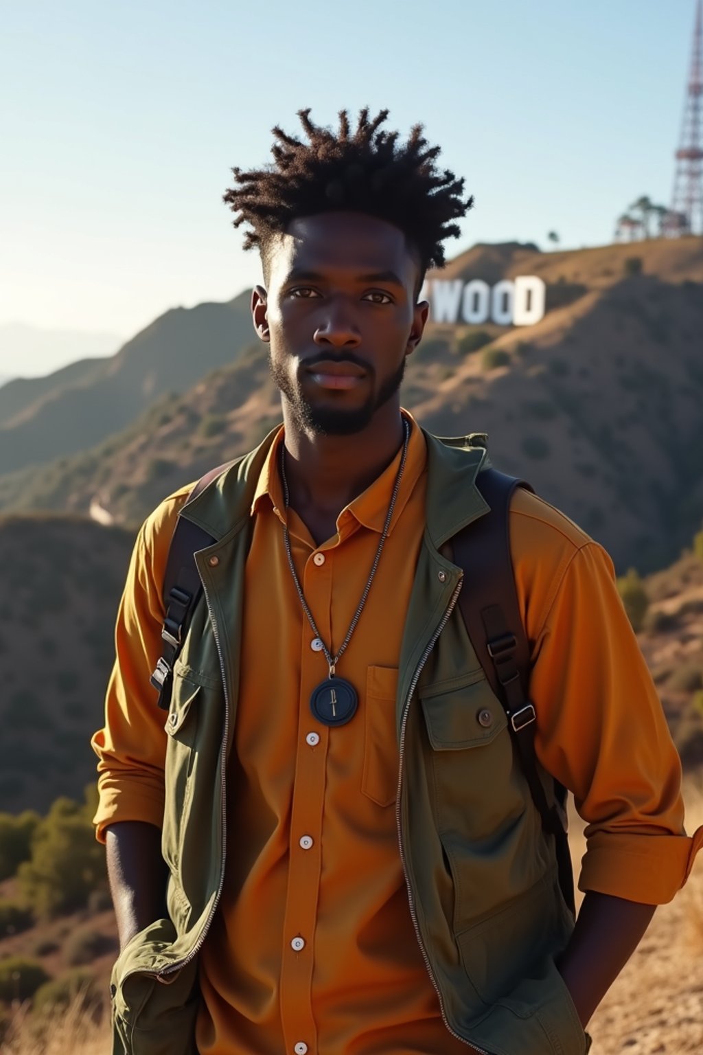 man as digital nomad in Los Angeles with the Hollywood sign in the background