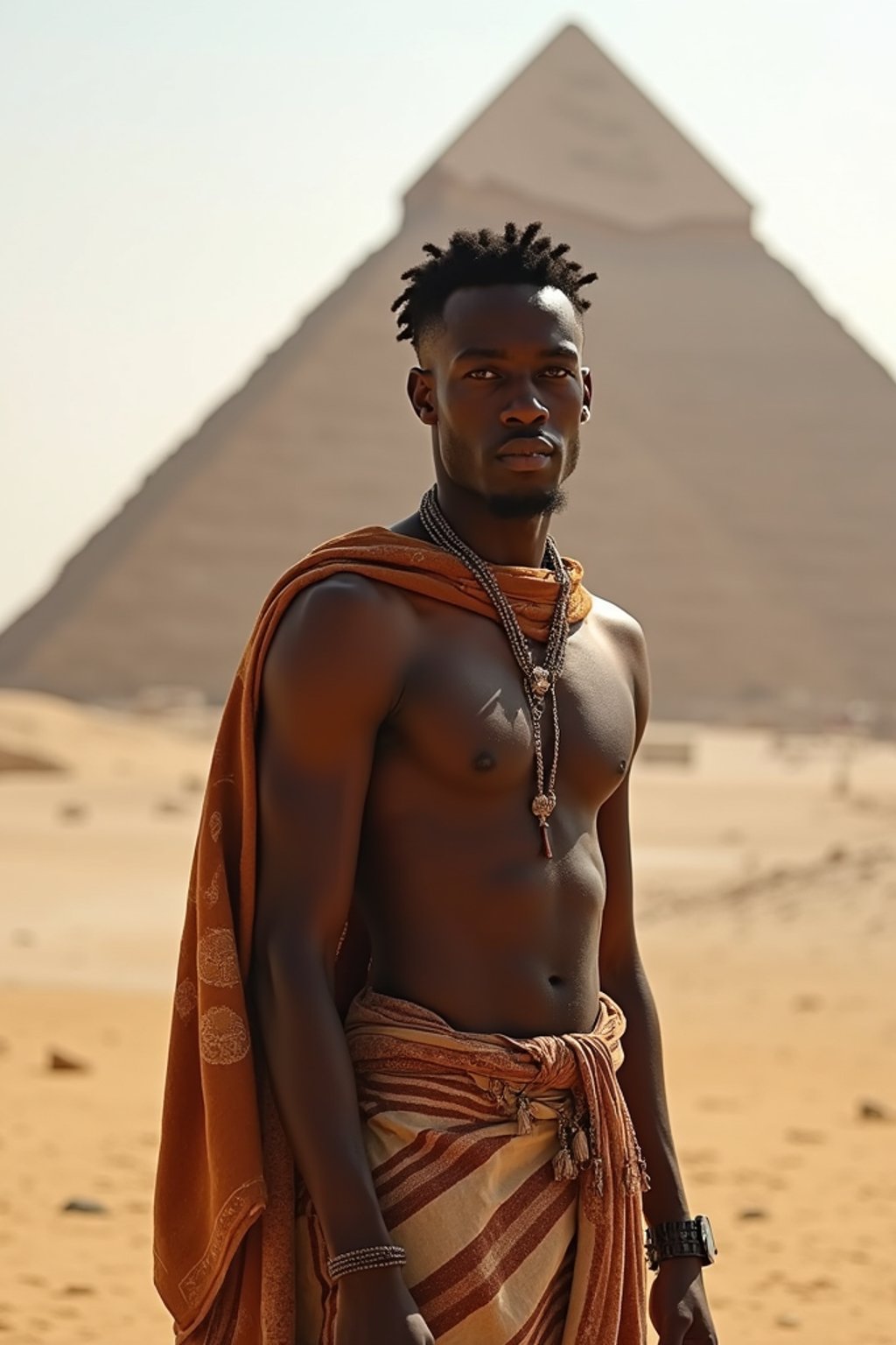 man as digital nomad in Cairo with the Pyramids of Giza in the background