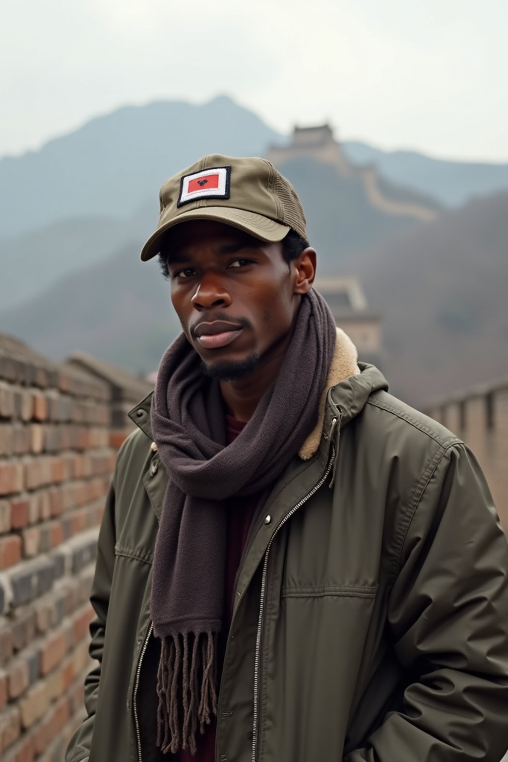 man as digital nomad in Beijing with the Great Wall in the background