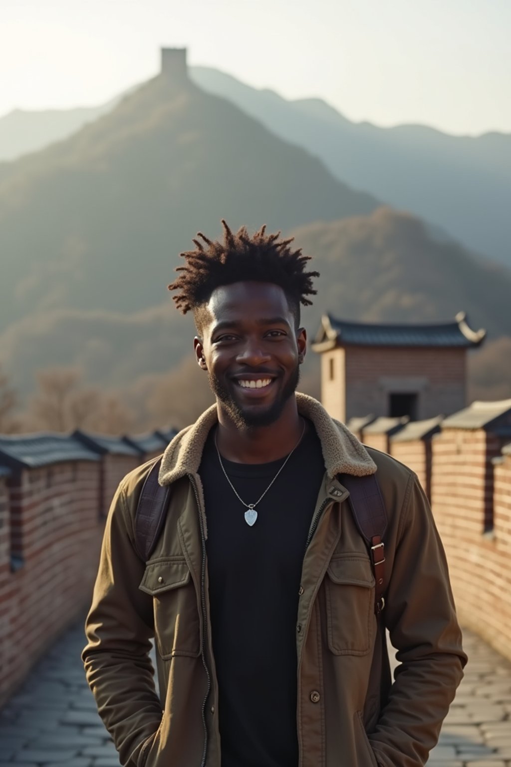 man as digital nomad in Beijing with the Great Wall in the background