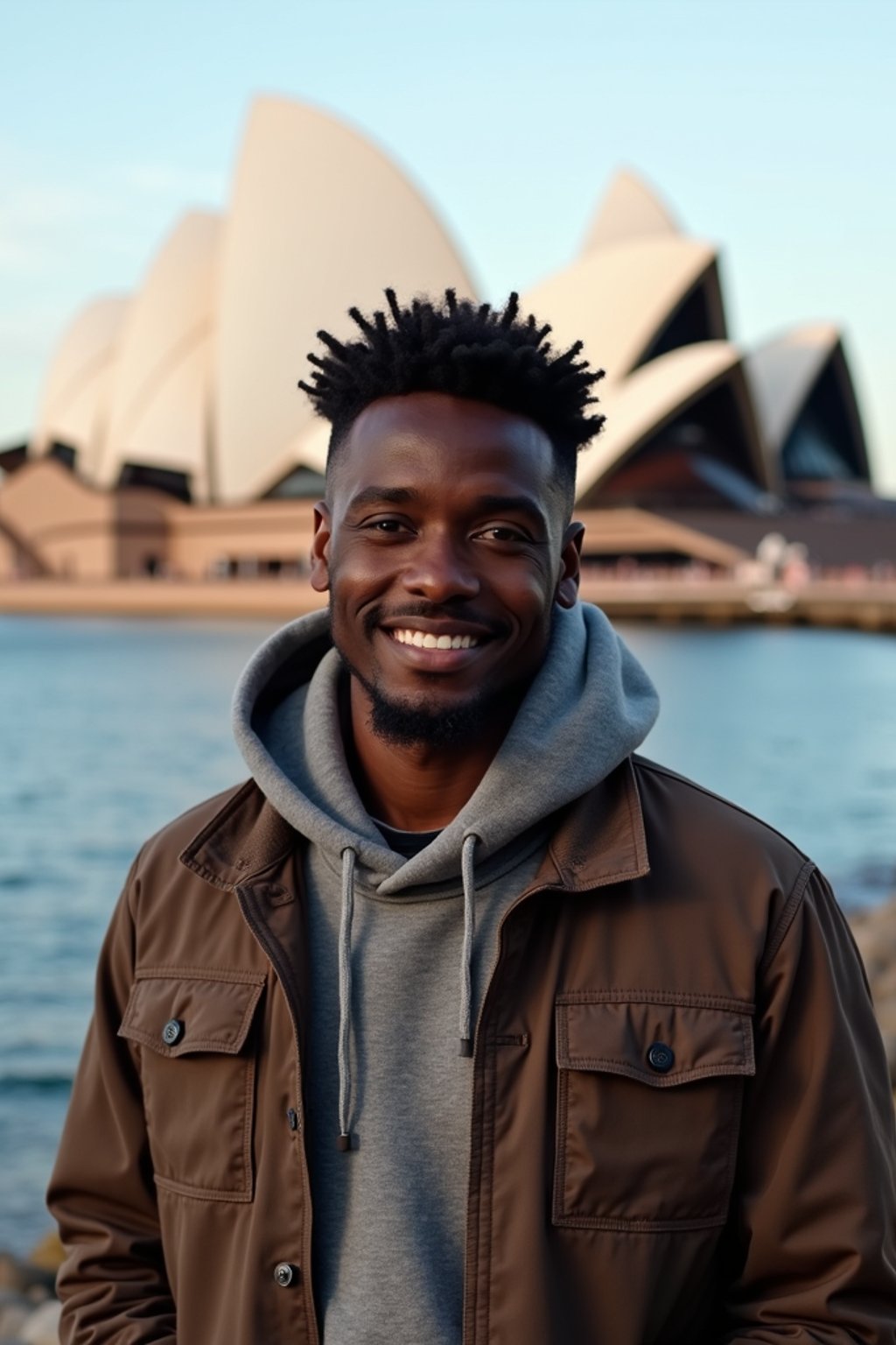 man as digital nomad in Sydney with the Sydney Opera House in the background