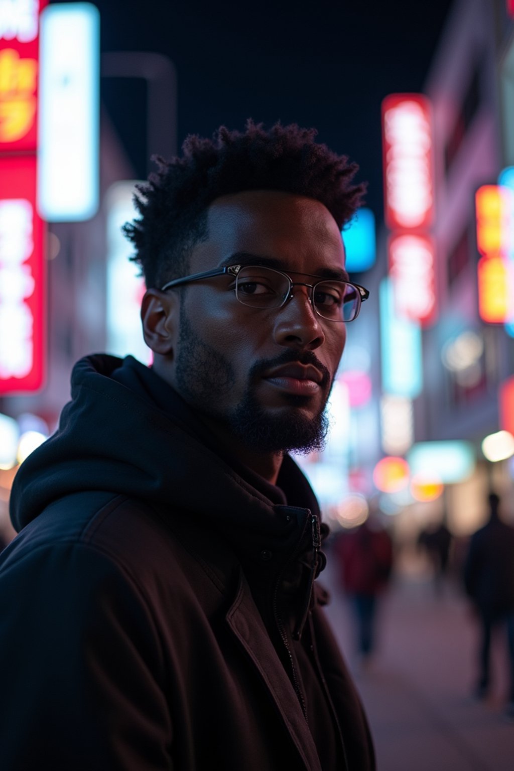 man as digital nomad in Tokyo at night with neon lights