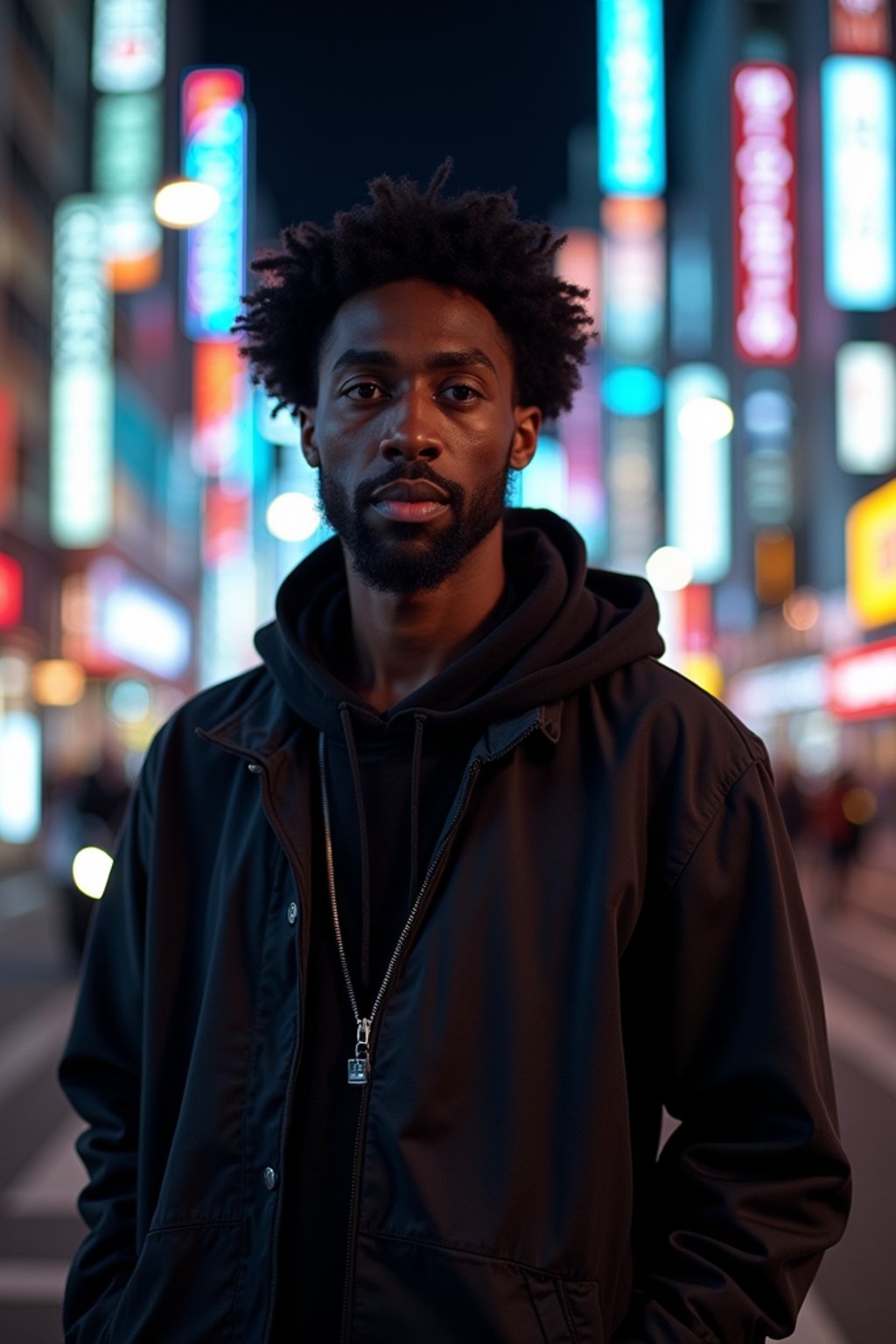 man as digital nomad in Tokyo at night with neon lights