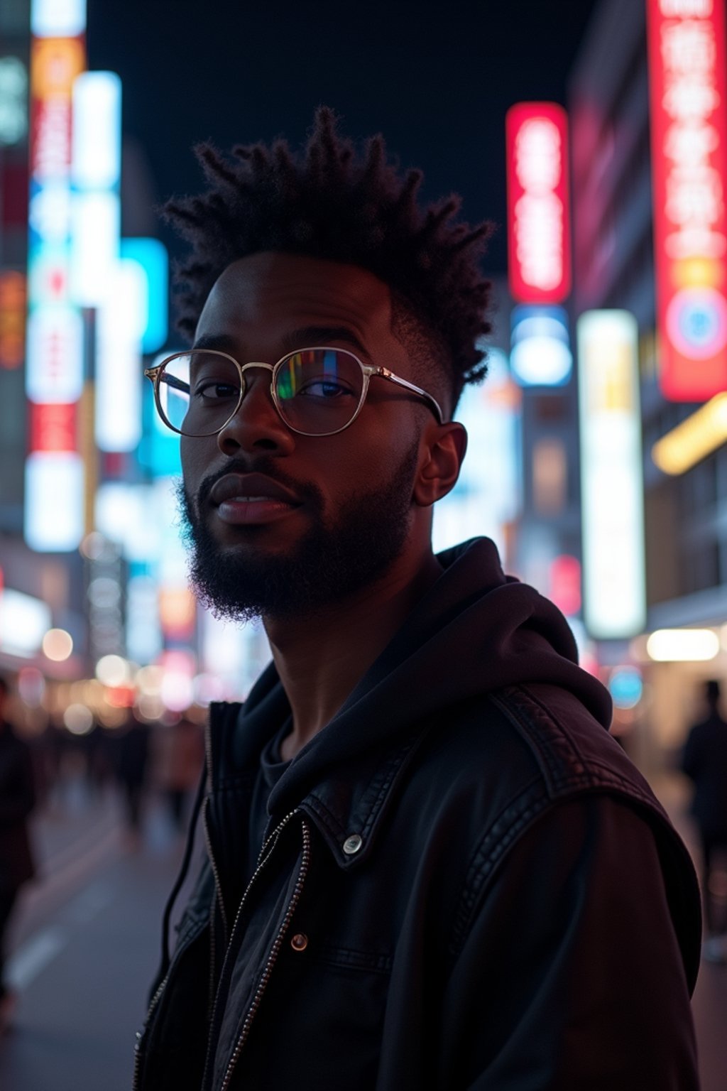 man as digital nomad in Tokyo at night with neon lights