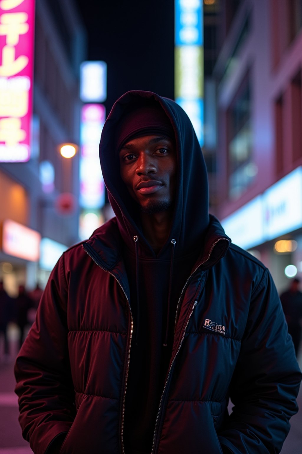 man as digital nomad in Tokyo at night with neon lights