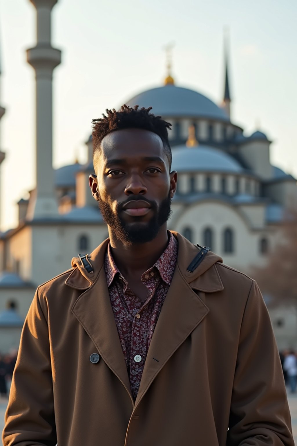 man as digital nomad in Istanbul with The Mosque in background