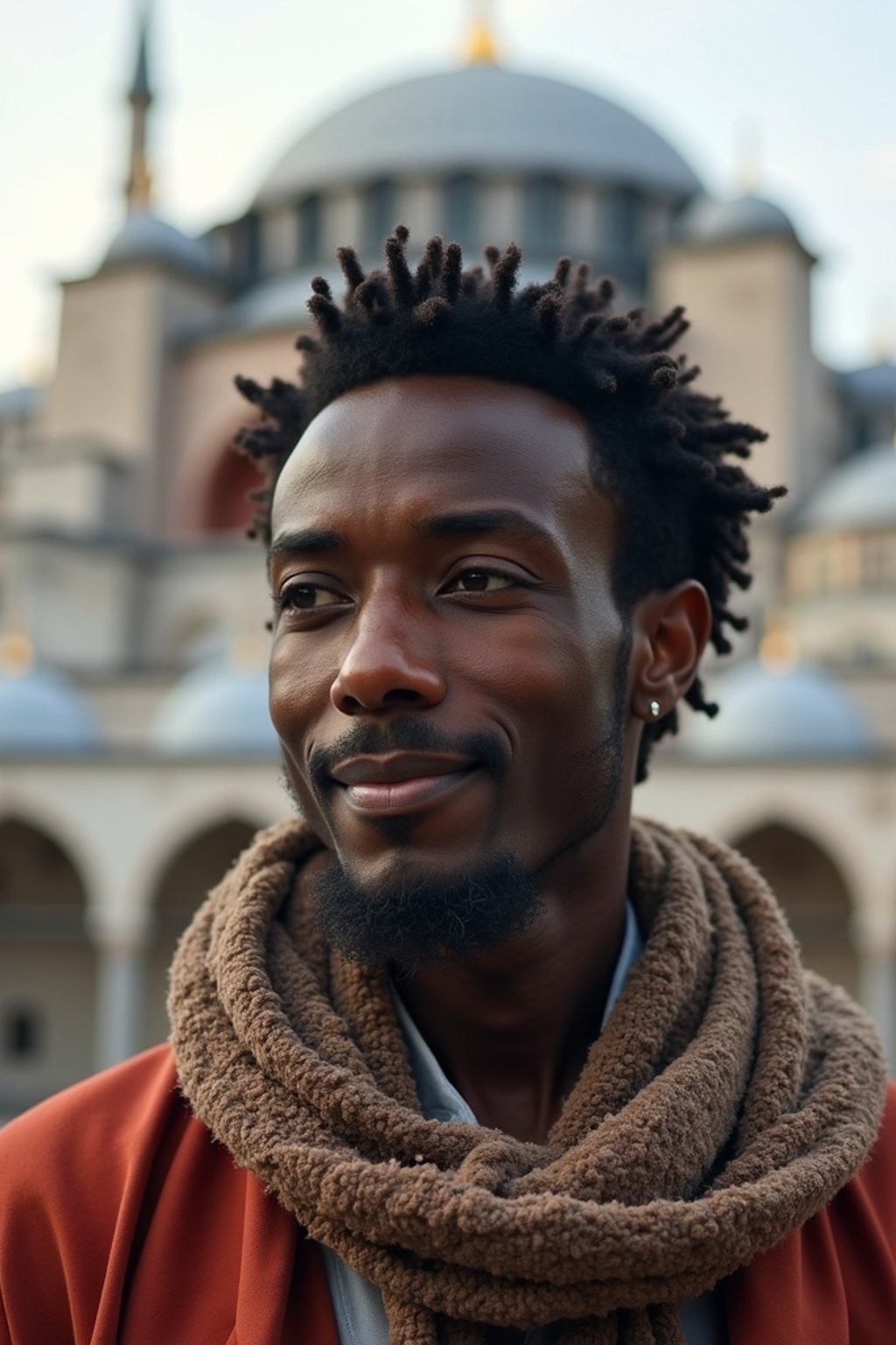 man as digital nomad in Istanbul with The Mosque in background