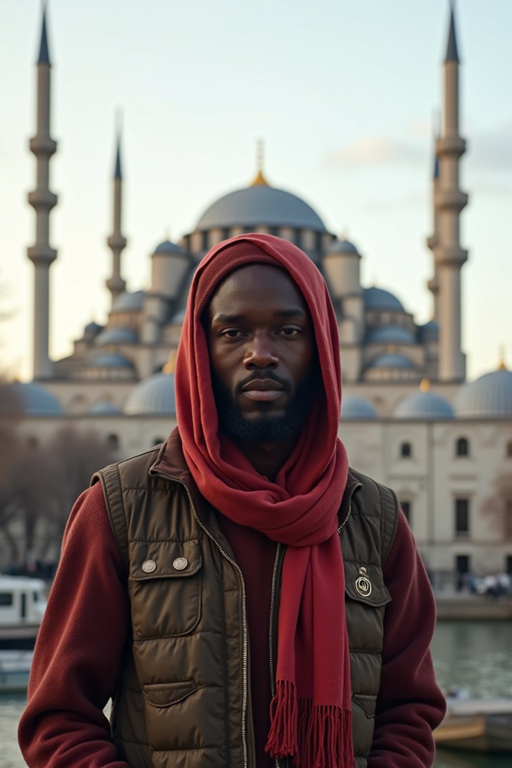 man as digital nomad in Istanbul with The Mosque in background