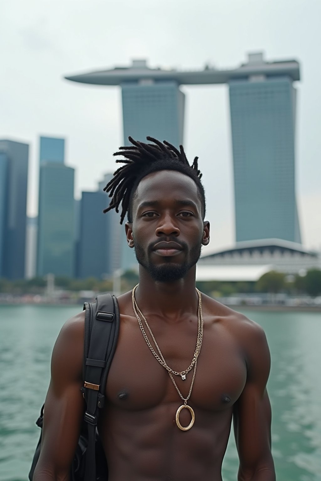 man as digital nomad in Singapore with Marina Bay Sands in background