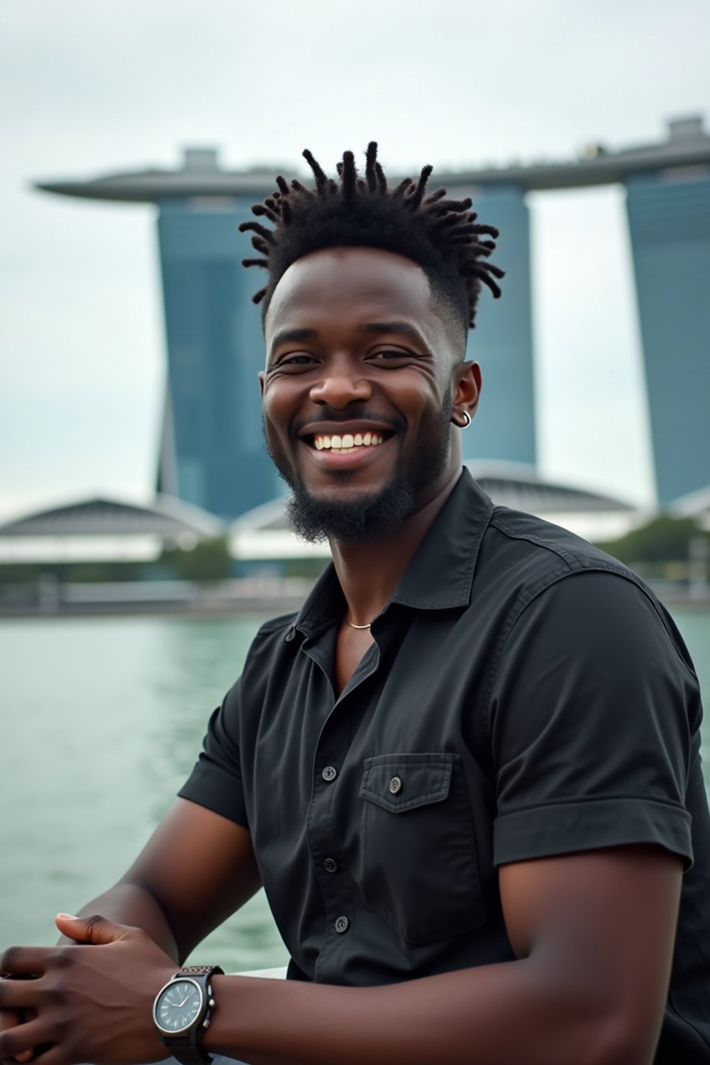 man as digital nomad in Singapore with Marina Bay Sands in background