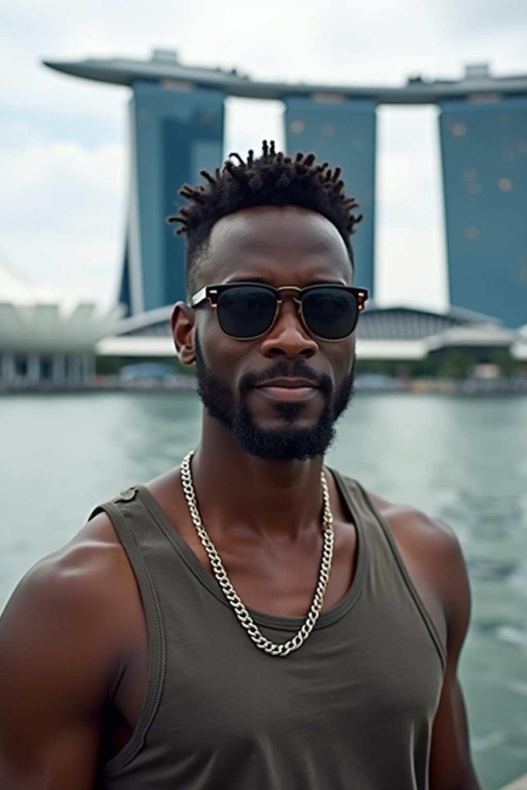 man as digital nomad in Singapore with Marina Bay Sands in background