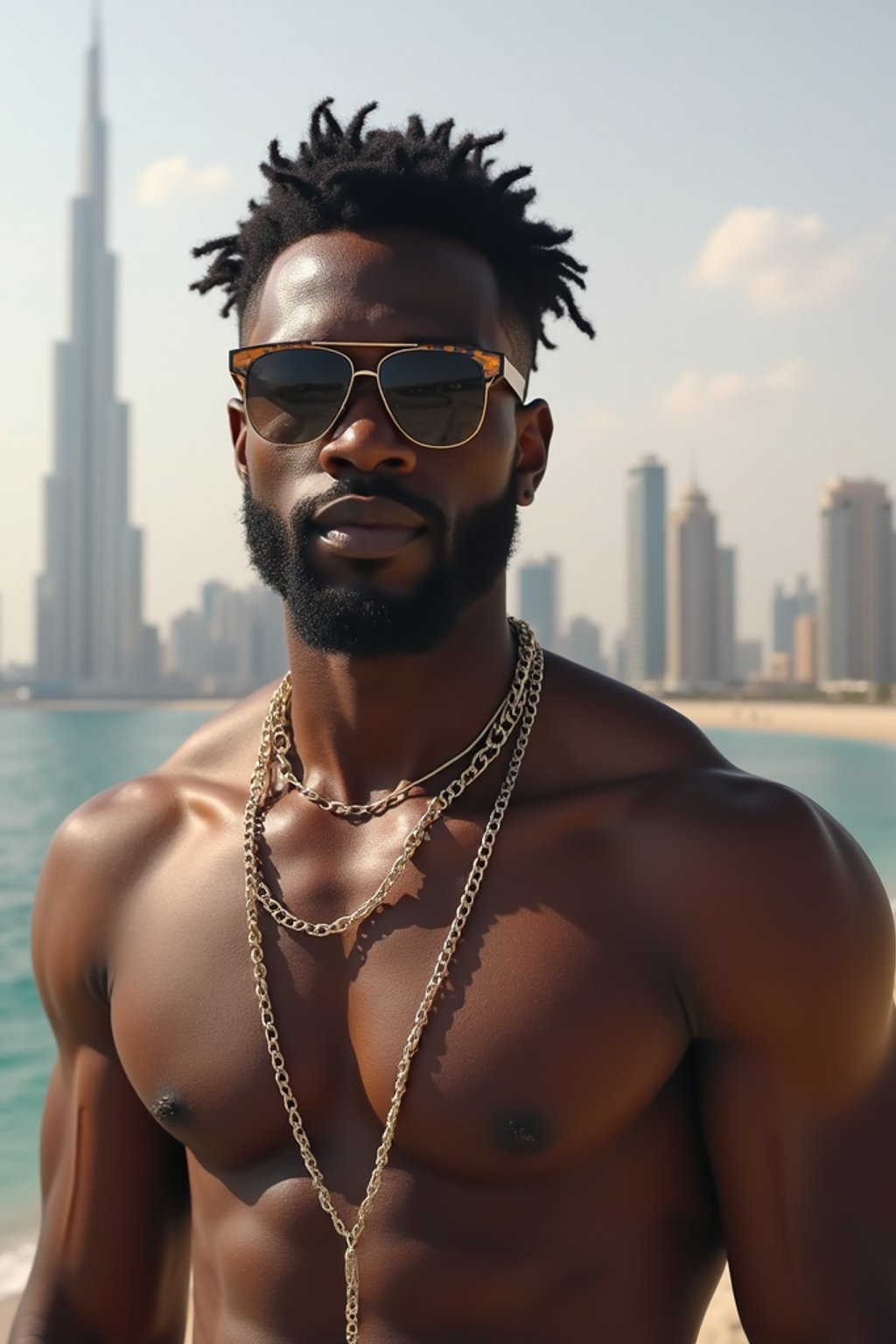 man as digital nomad in Dubai with skyline in background