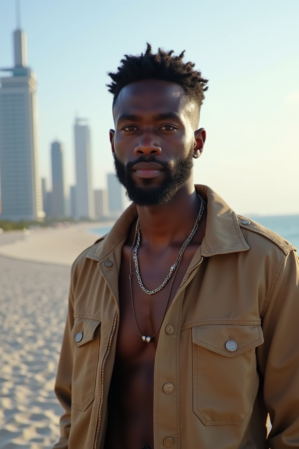 man as digital nomad in Dubai with skyline in background