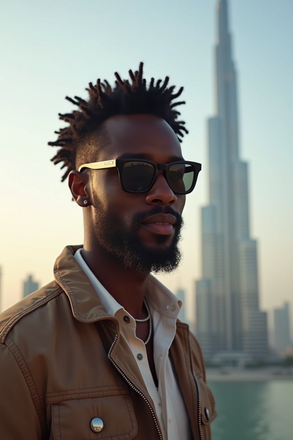 man as digital nomad in Dubai with skyline in background