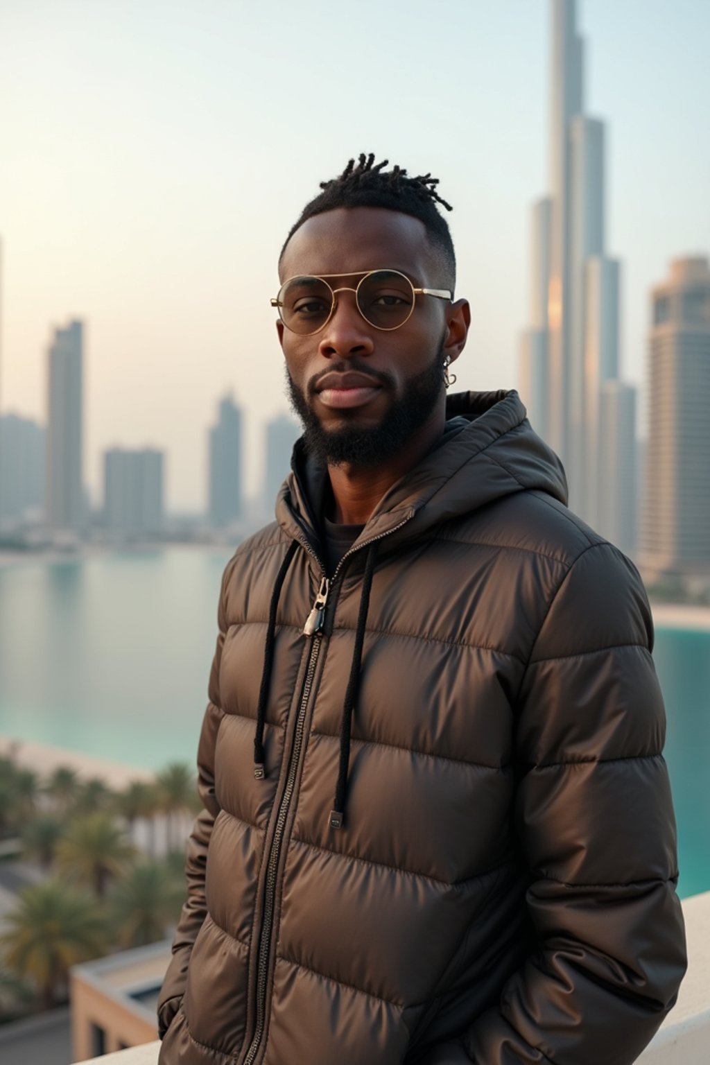 man as digital nomad in Dubai with skyline in background