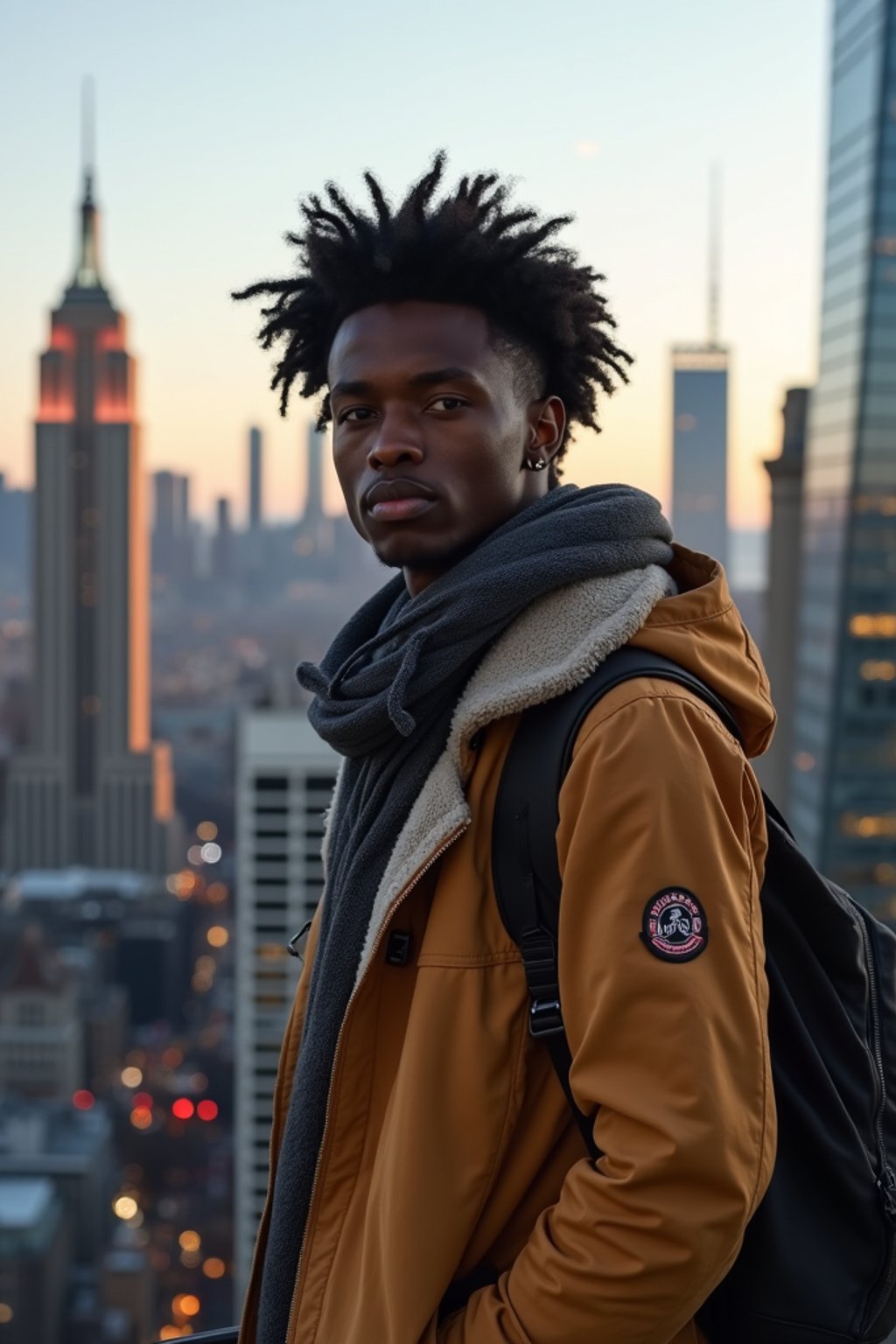 man as digital nomad in New York City with Manhattan in background