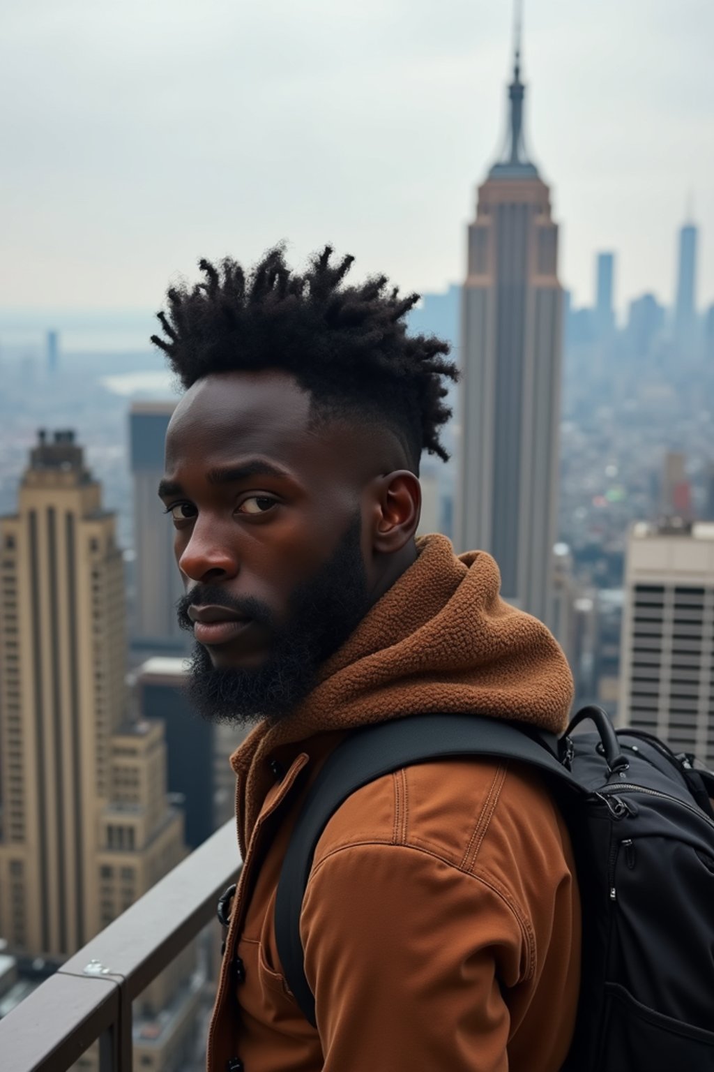 man as digital nomad in New York City with Manhattan in background