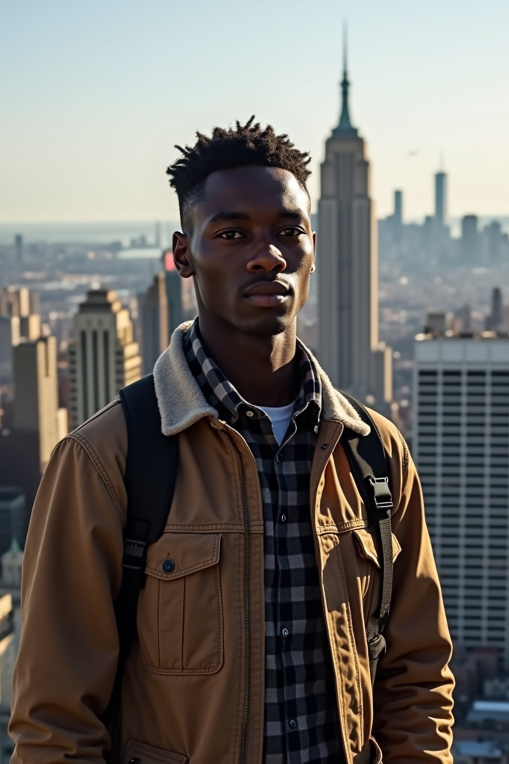 man as digital nomad in New York City with Manhattan in background