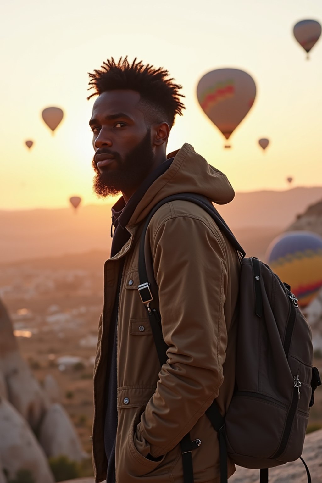 Breathtakingly man as digital nomad with hot air balloons in the background in cappadocia, Türkiye. Cappadocia, Turkey