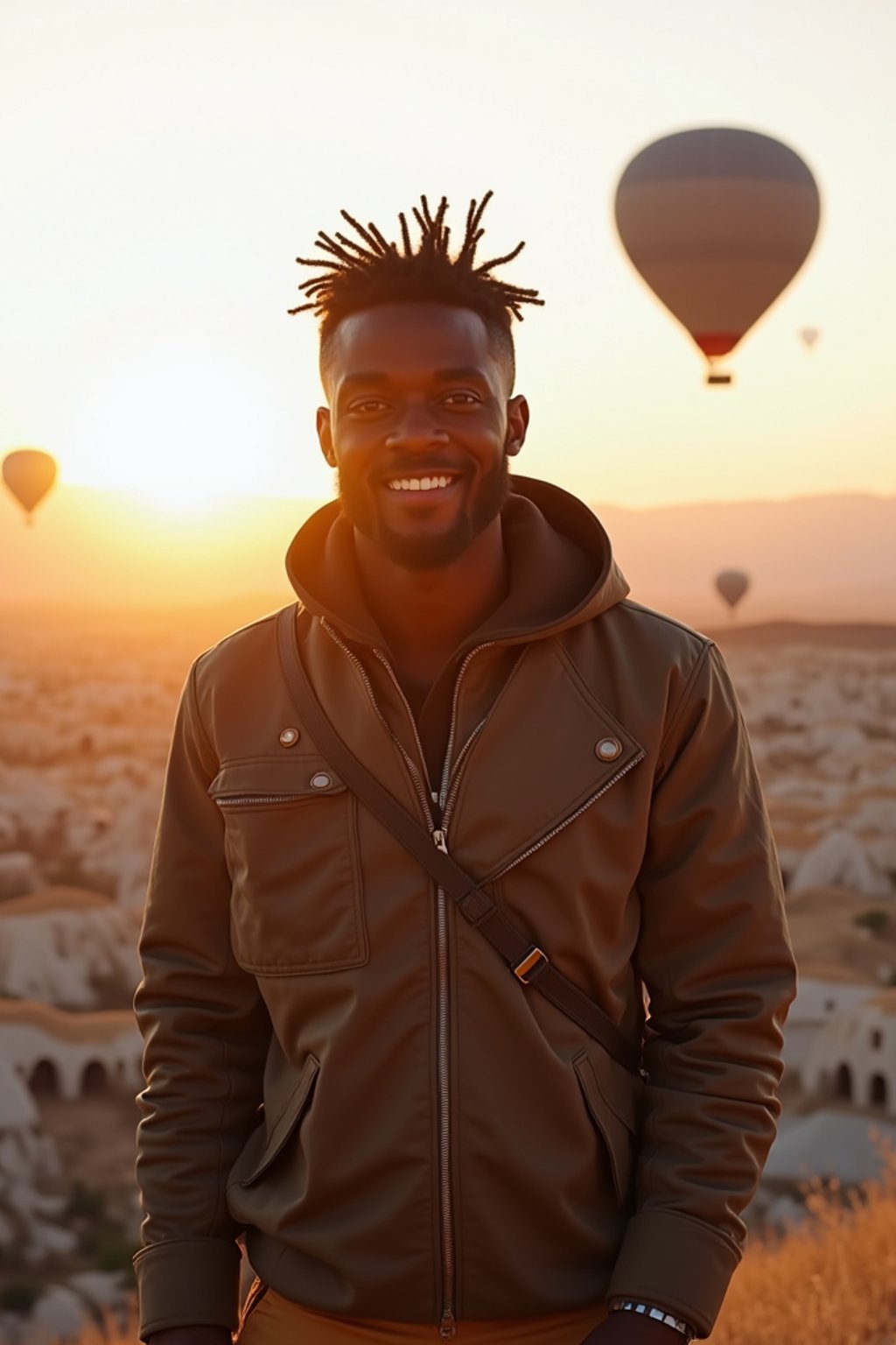 Breathtakingly man as digital nomad with hot air balloons in the background in cappadocia, Türkiye. Cappadocia, Turkey