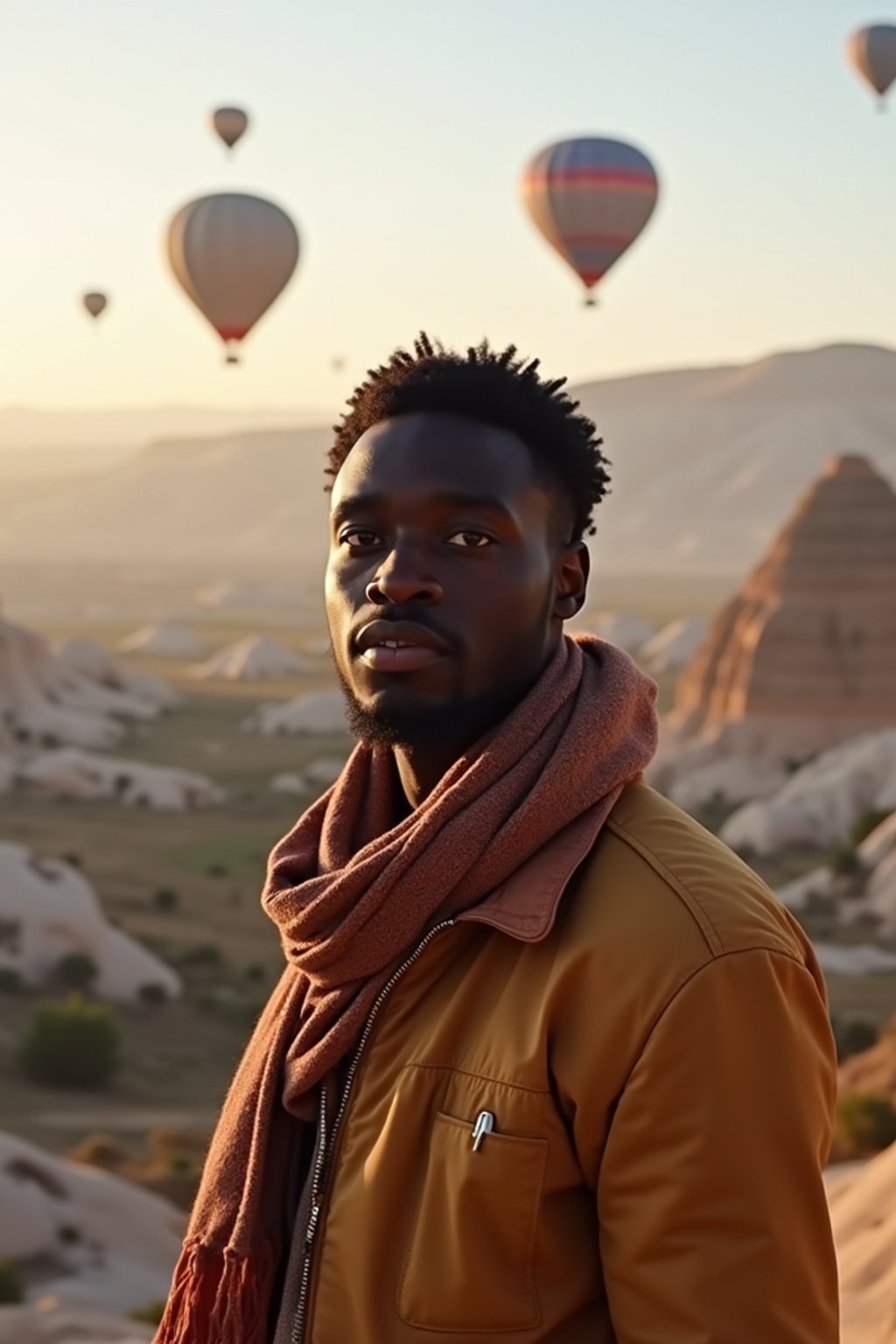 Breathtakingly man as digital nomad with hot air balloons in the background in cappadocia, Türkiye. Cappadocia, Turkey