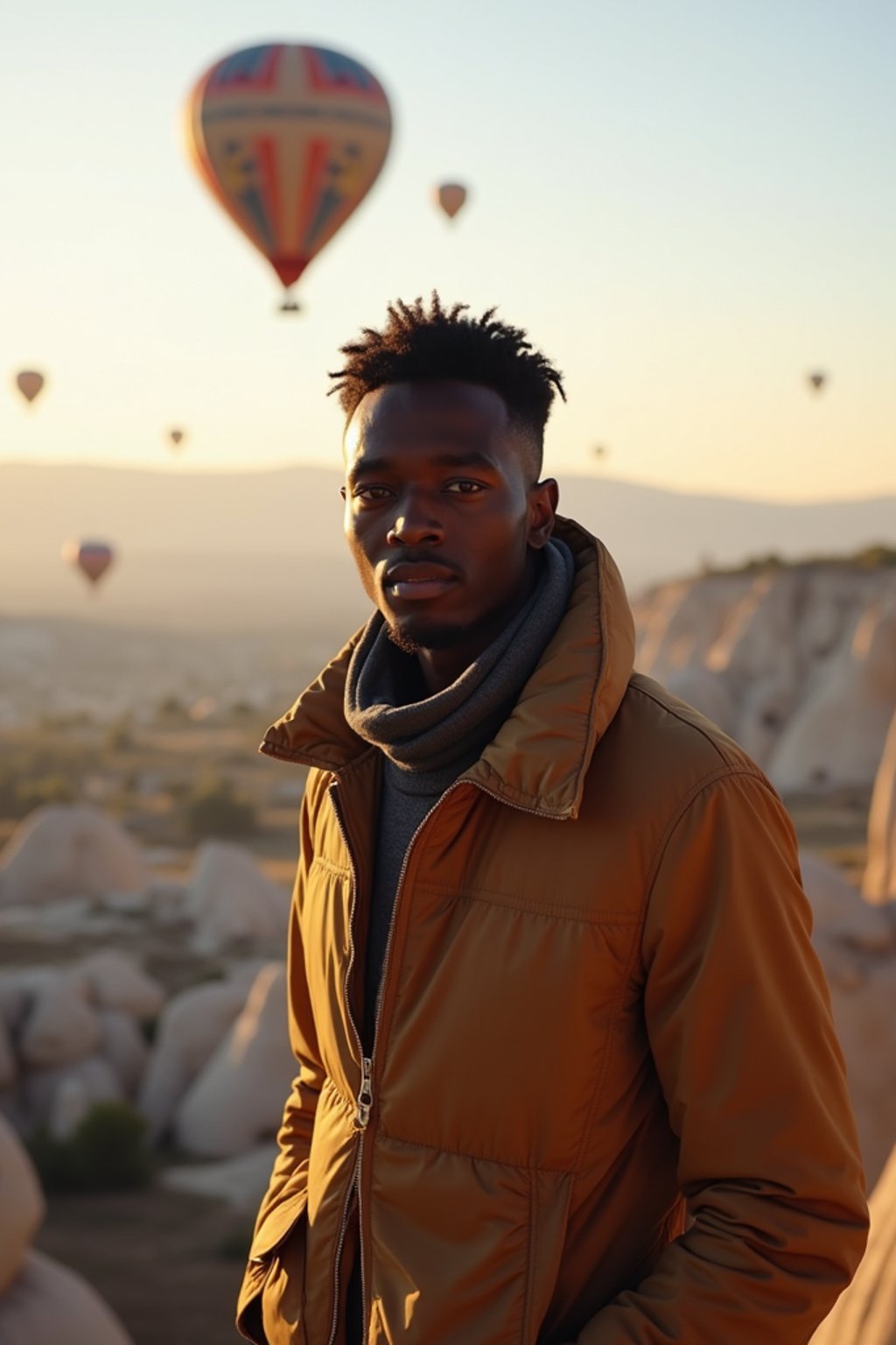 Breathtakingly man as digital nomad with hot air balloons in the background in cappadocia, Türkiye. Cappadocia, Turkey