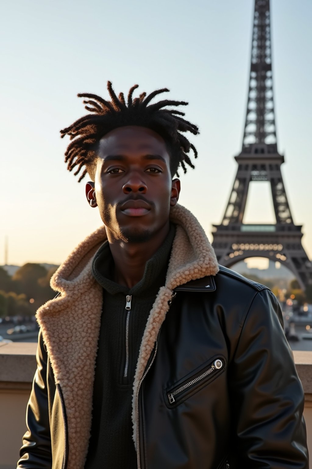 man as digital nomad in Paris with the Eiffel Tower in background