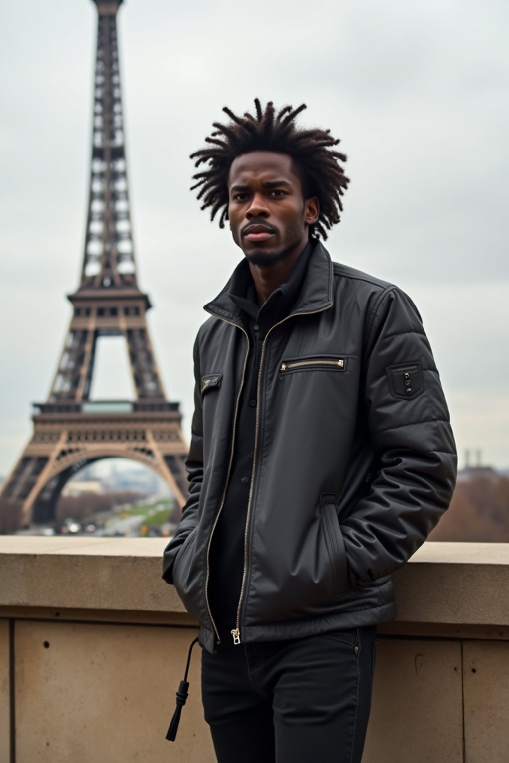 man as digital nomad in Paris with the Eiffel Tower in background