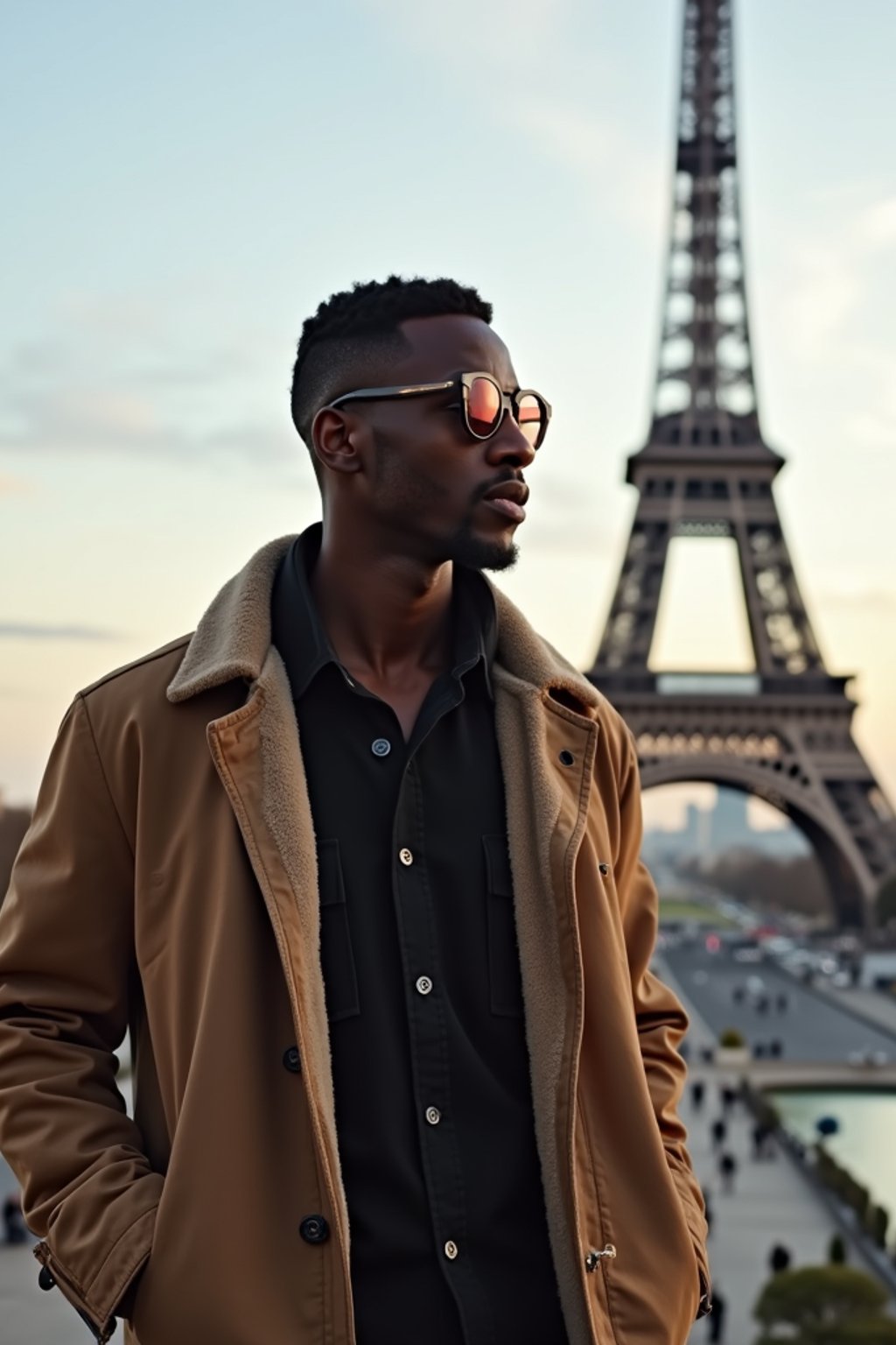 man as digital nomad in Paris with the Eiffel Tower in background