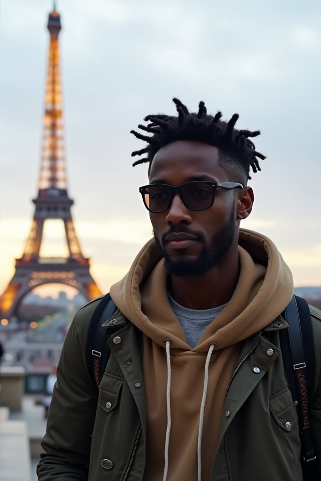 man as digital nomad in Paris with the Eiffel Tower in background