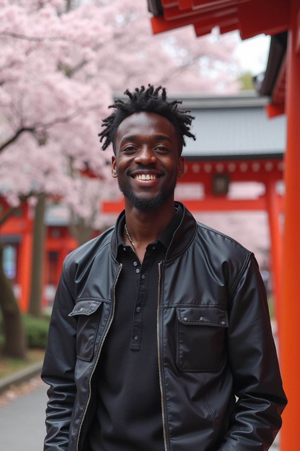 man as digital nomad in Japan with Japanese Cherry Blossom Trees and Japanese temples in background