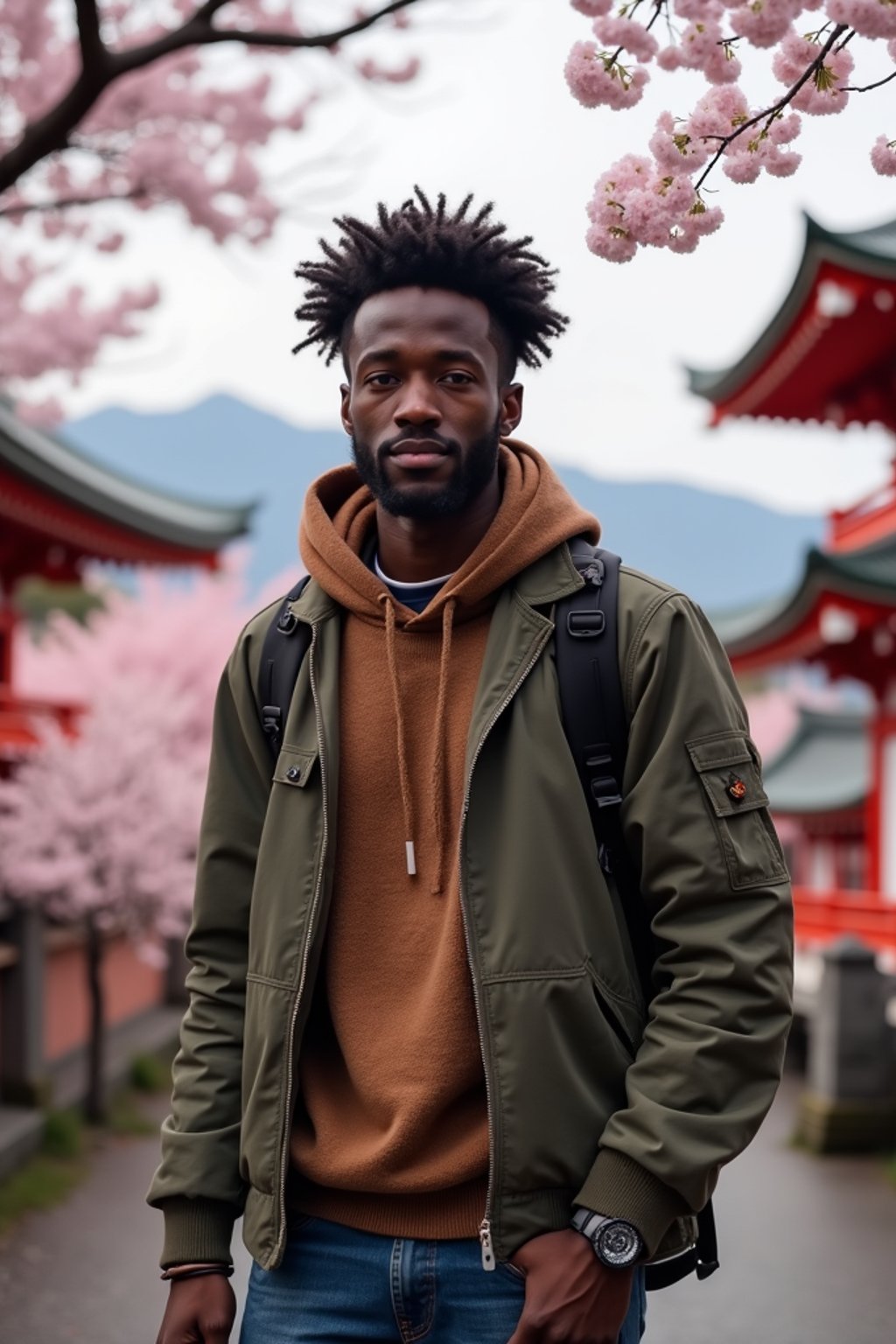 man as digital nomad in Japan with Japanese Cherry Blossom Trees and Japanese temples in background