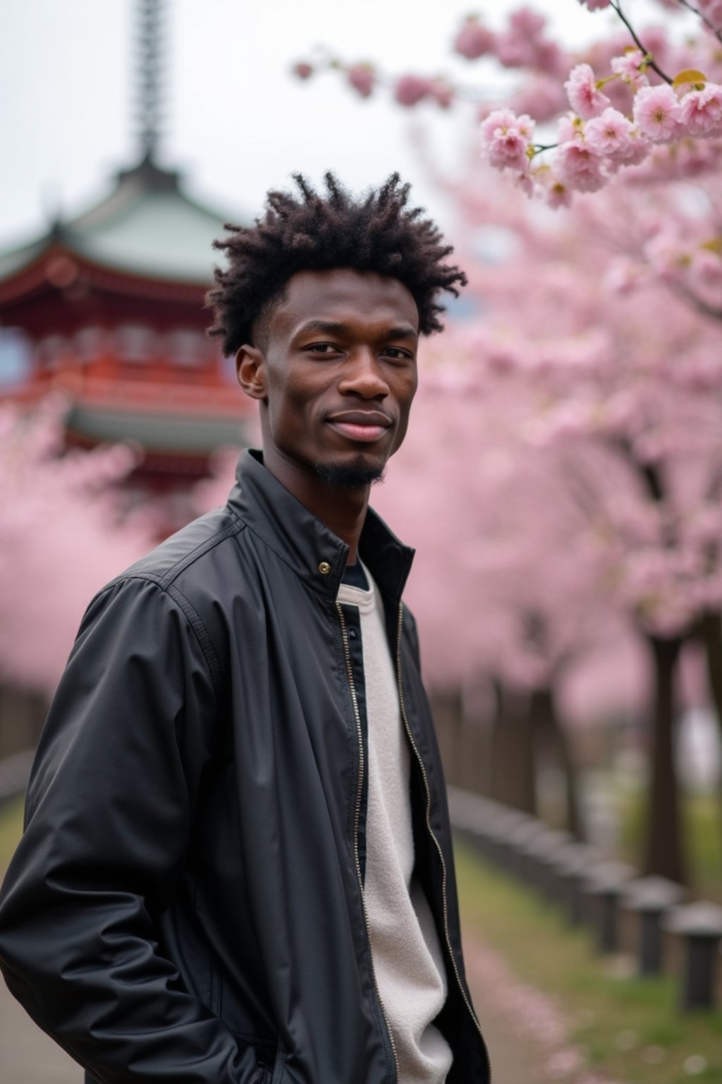 man as digital nomad in Japan with Japanese Cherry Blossom Trees and Japanese temples in background