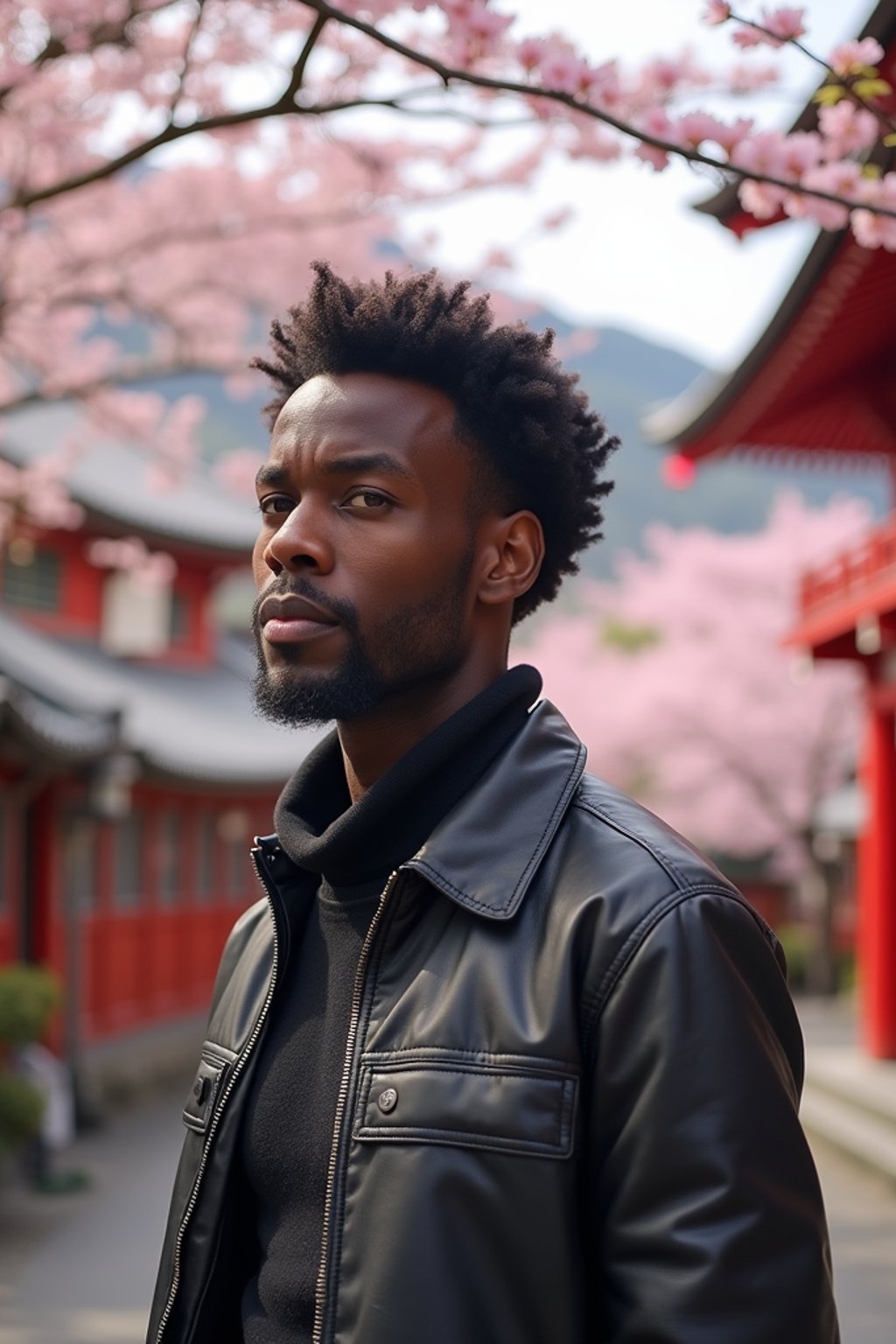 man as digital nomad in Japan with Japanese Cherry Blossom Trees and Japanese temples in background