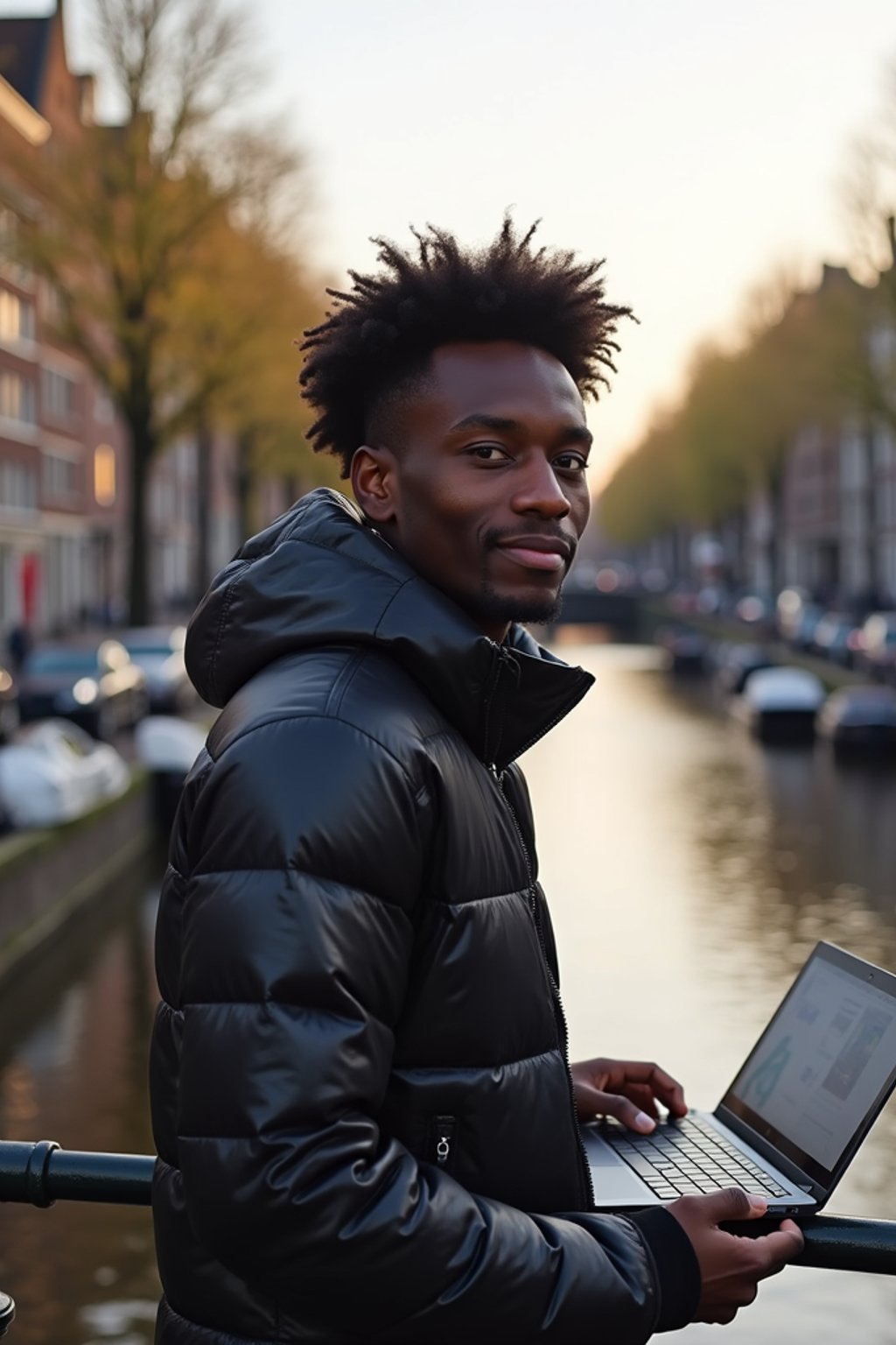 man as digital nomad in Amsterdam with the Amsterdam Canals in background