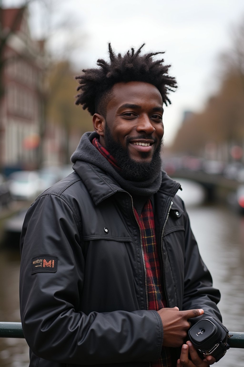 man as digital nomad in Amsterdam with the Amsterdam Canals in background