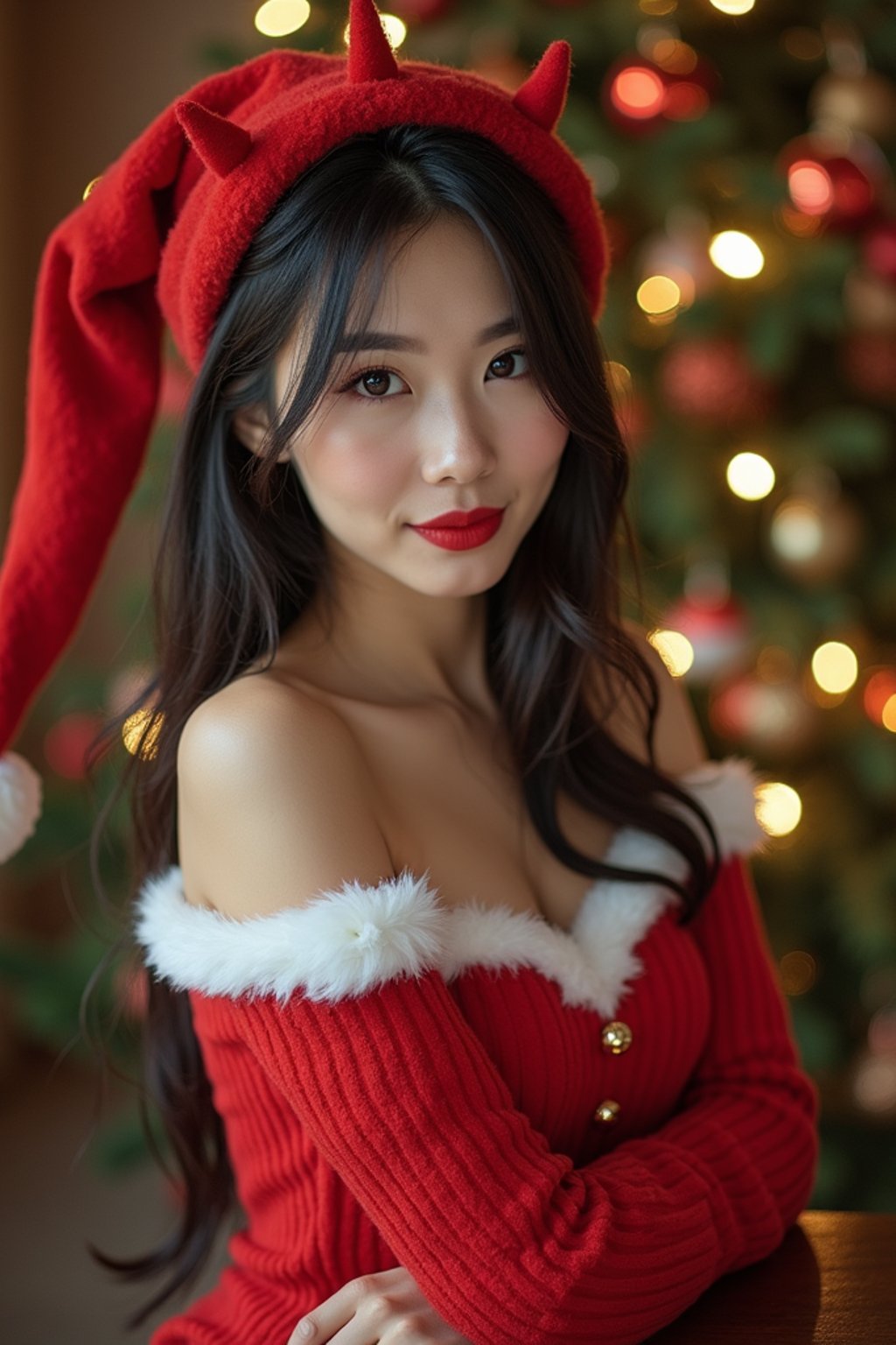 woman wearing (naughty Christmas) (sexy Christmas costume) elf outfit posing for photo