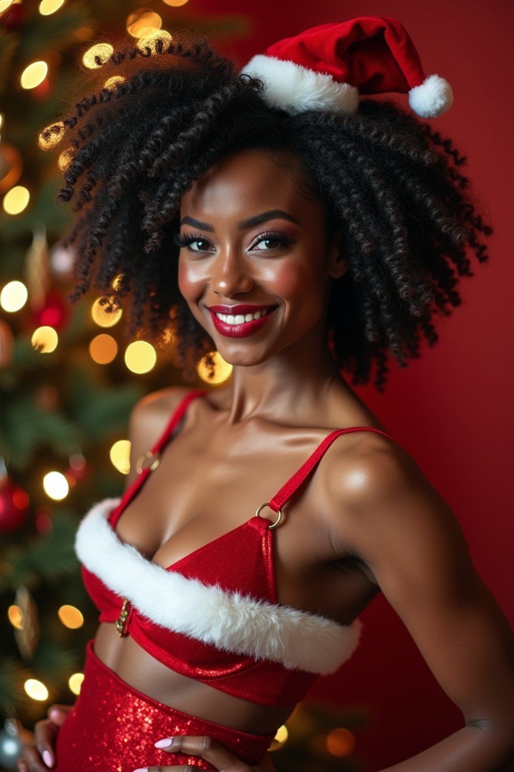 woman wearing (naughty Christmas) (sexy Christmas costume) festive outfit posing for photo, background is Christmas tree and lights