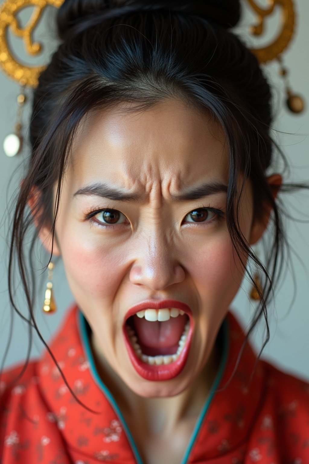 exaggerated angry furious rage woman, blank background