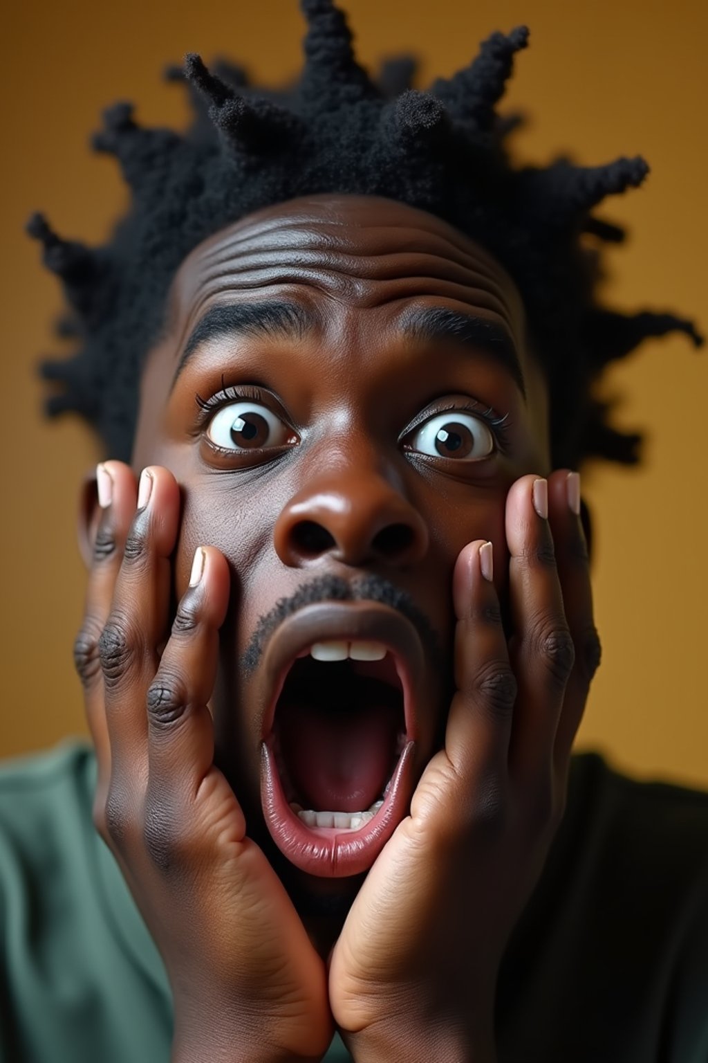 exaggerated faces of man expressing shock holding own face in hands