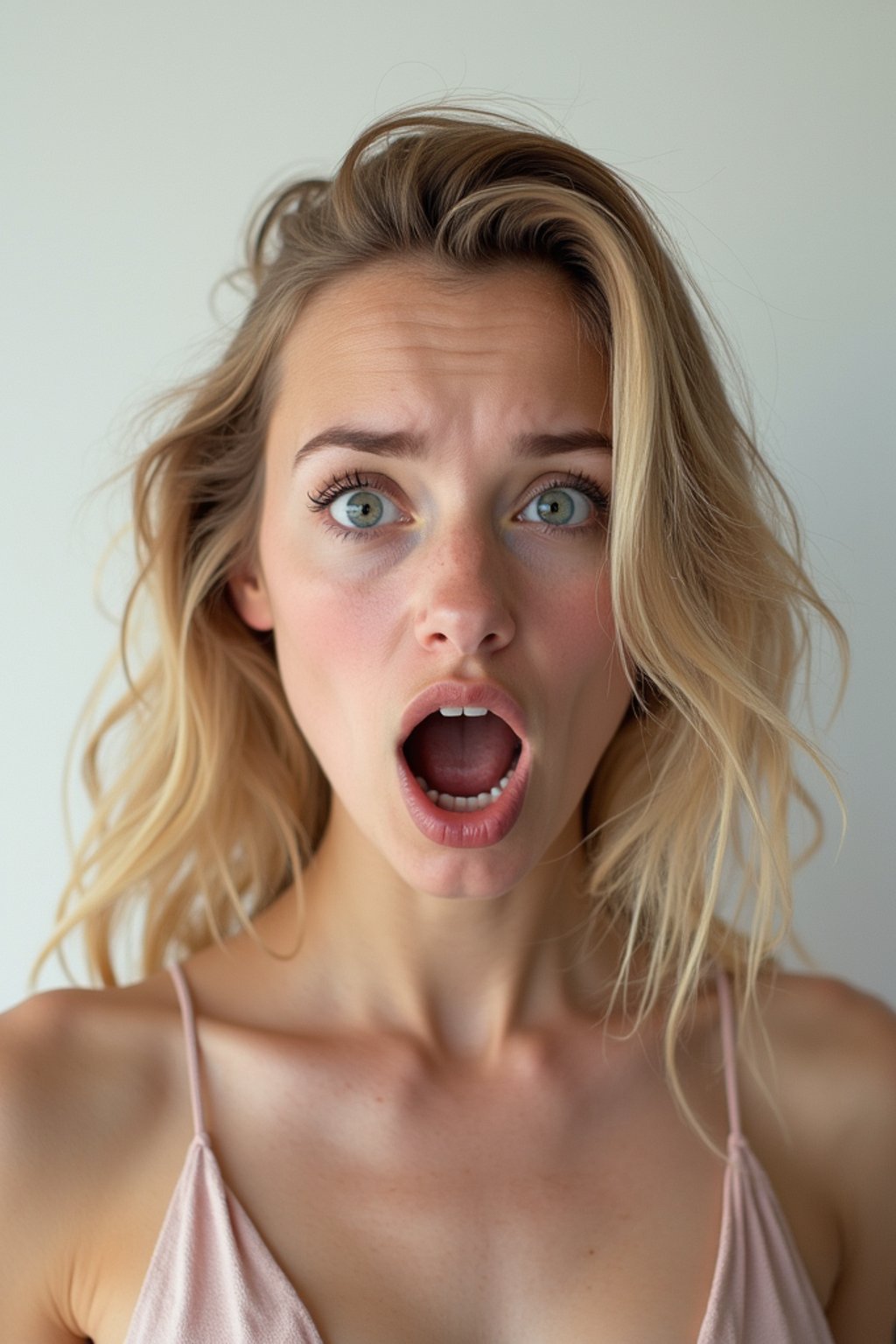 exaggerated surprised shocked shock astonished startled stunned surprise woman, blank background