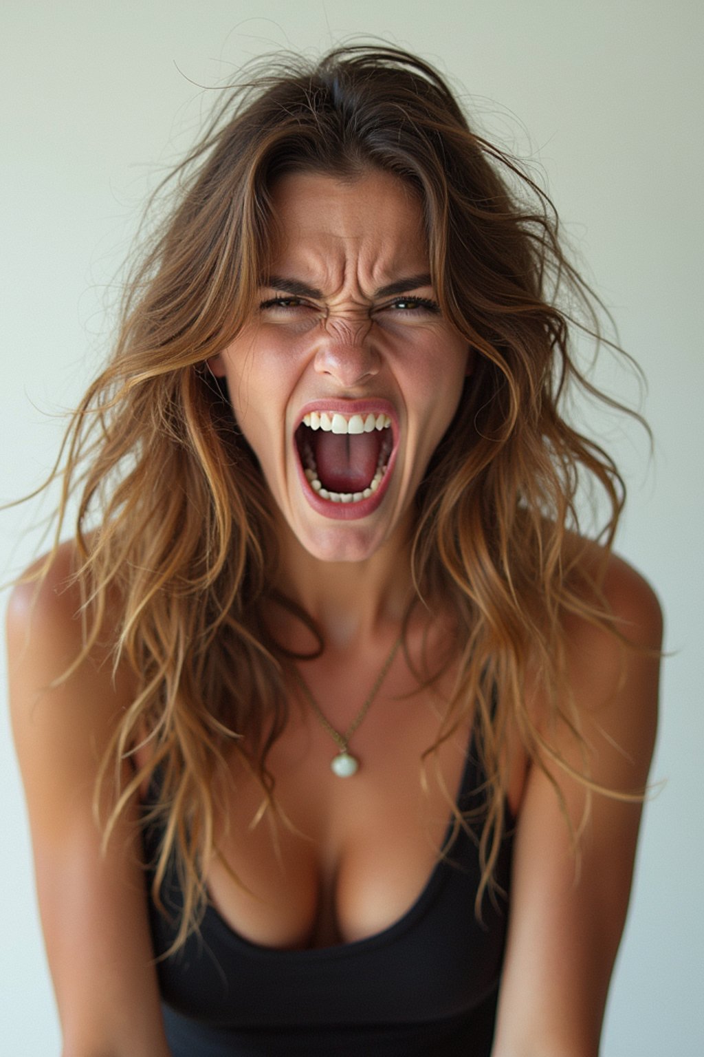 exaggerated angry furious rage woman, blank background