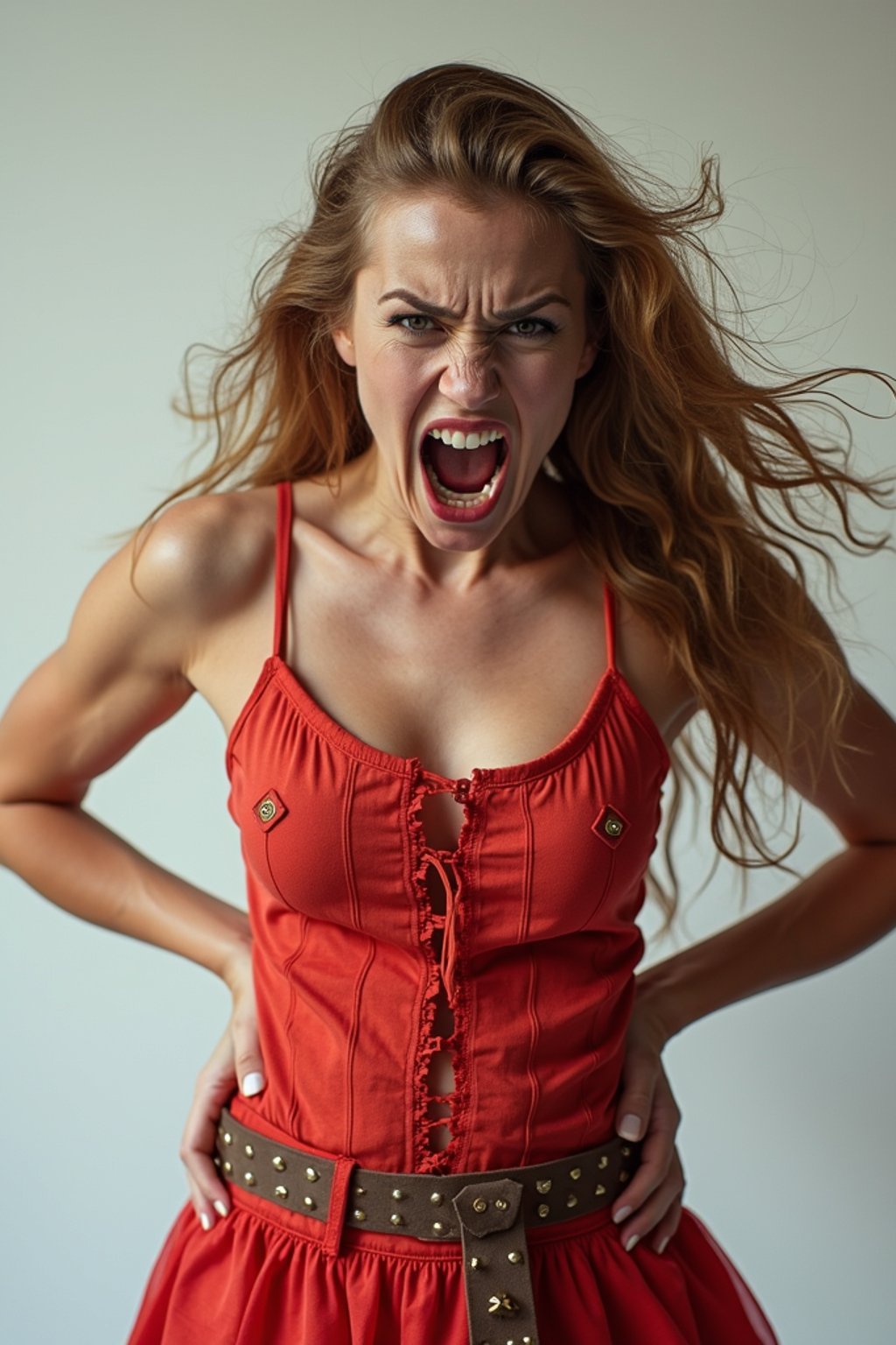 exaggerated angry furious rage woman, blank background